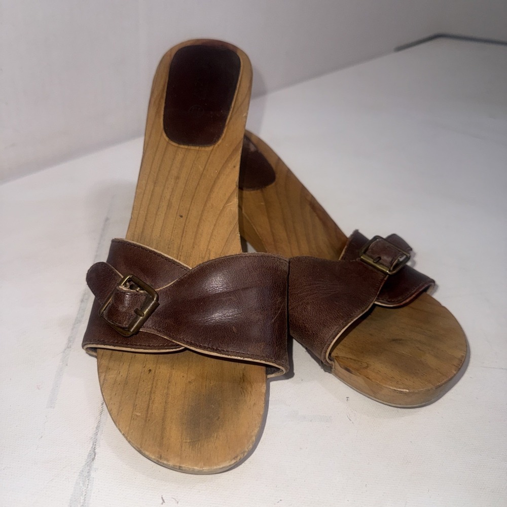 Vintage J Crew Leather Wooden Buckle Y2K Boho Clog Sandals Dr Scholl Slides  10